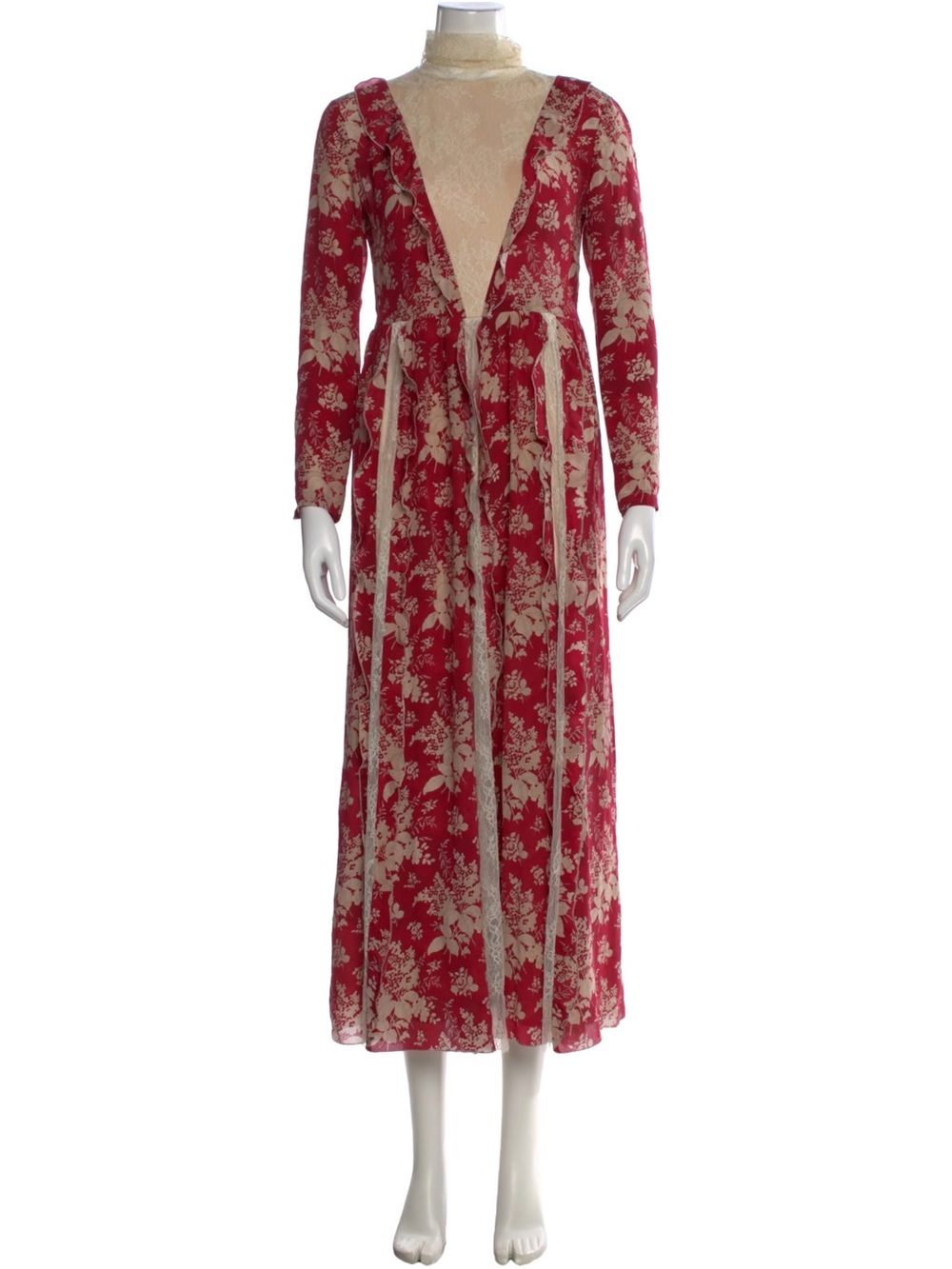 RED Valentino Red and Cream Floral Long Sleeve Maxi Dress